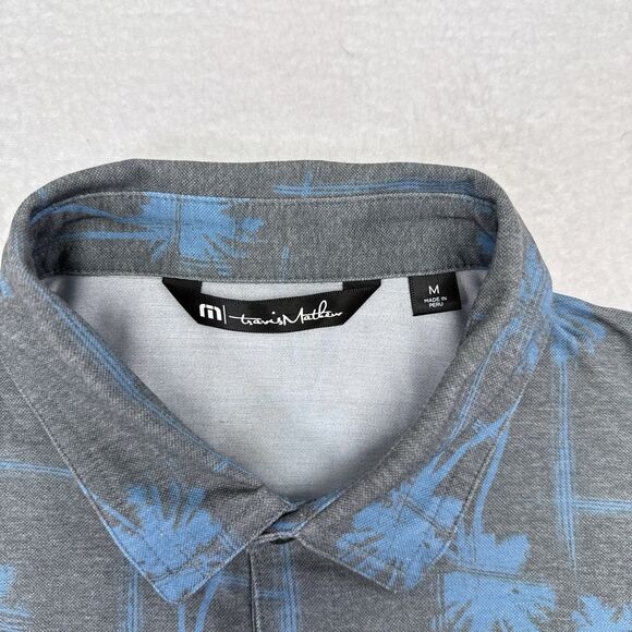 Travis Mathew Polo Shirt Men’s Size Medium Gray Blue Palm Tree Print Resort Golf - Picture 6 of 10